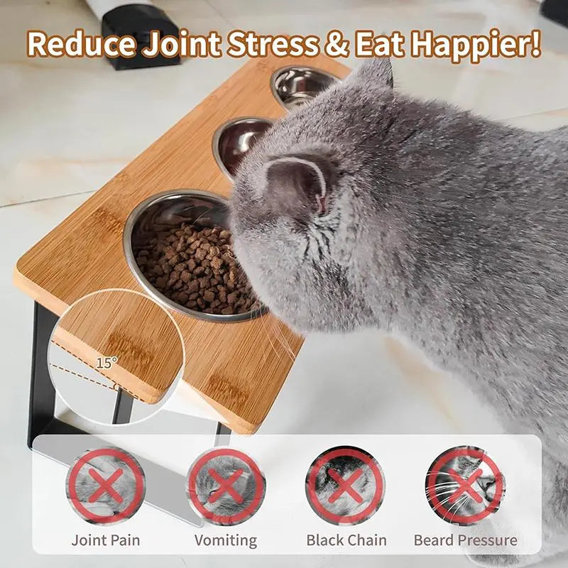 Cat Food Bowl Stand, 15° Tilted Cat Food Bowl, Stainless Steel Cat Bowls for Indoor Cats, Wood Pet Feeding Stand, Pets Feeding Supplies