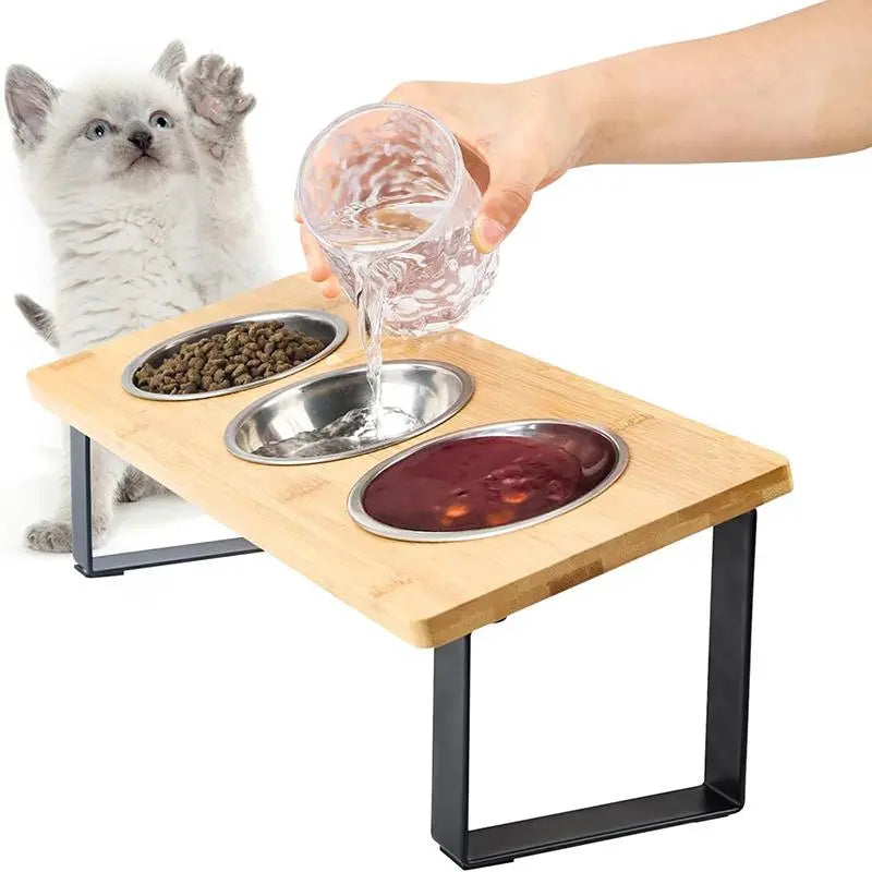 Cat Food Bowl Stand, 15° Tilted Cat Food Bowl, Stainless Steel Cat Bowls for Indoor Cats, Wood Pet Feeding Stand, Pets Feeding Supplies