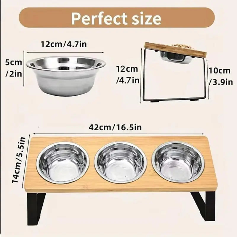Cat Food Bowl Stand, 15° Tilted Cat Food Bowl, Stainless Steel Cat Bowls for Indoor Cats, Wood Pet Feeding Stand, Pets Feeding Supplies