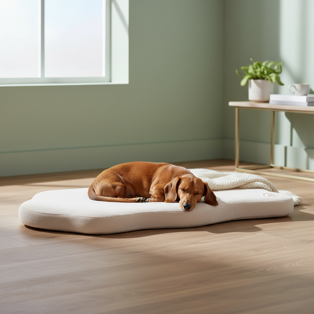 Dachshund on Beige Dog Bed
