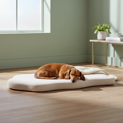 Dachshund on Beige Dog Bed