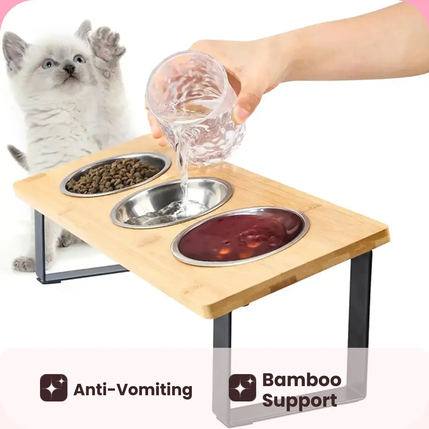 Cat Food Bowl Stand, 15° Tilted Cat Food Bowl, Stainless Steel Cat Bowls for Indoor Cats, Wood Pet Feeding Stand, Pets Feeding Supplies