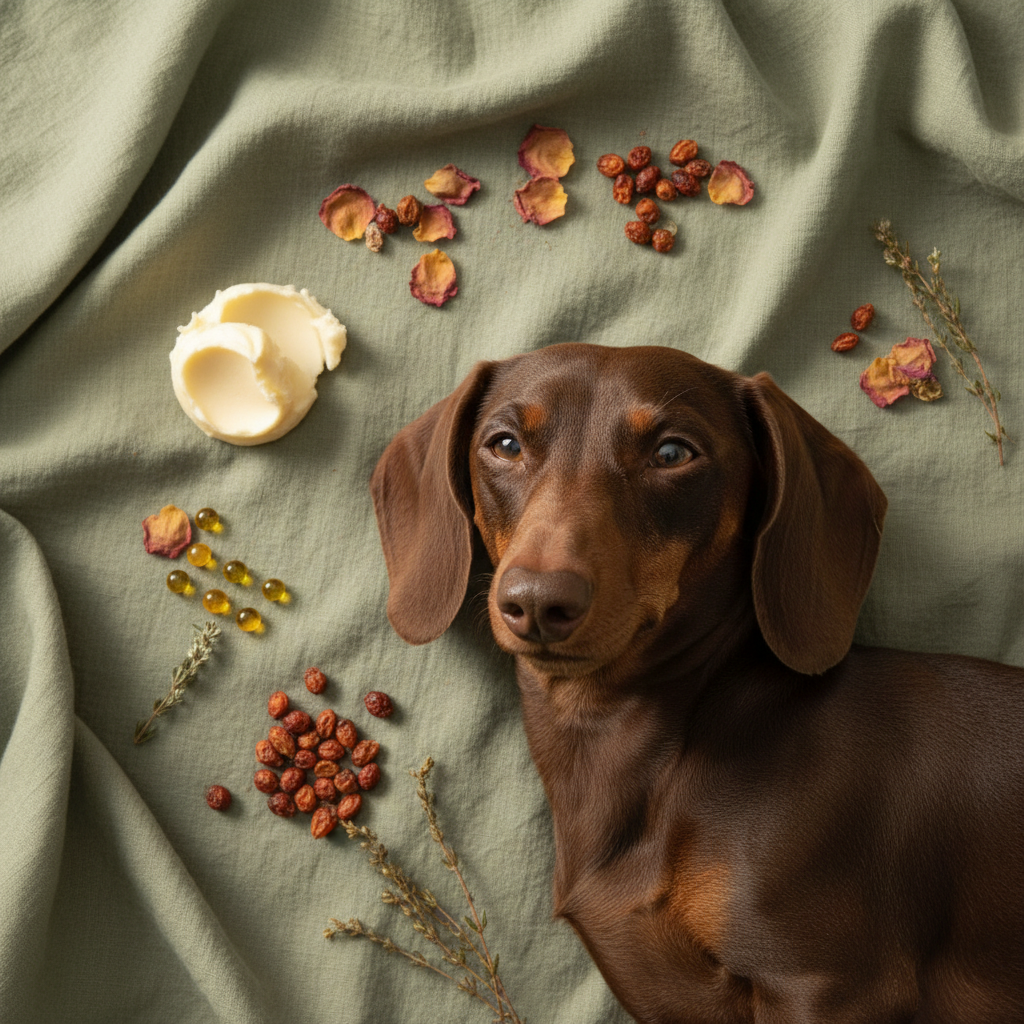 Chocolate dachshund with healthy nose surrounded by organic botanical balm ingredients
