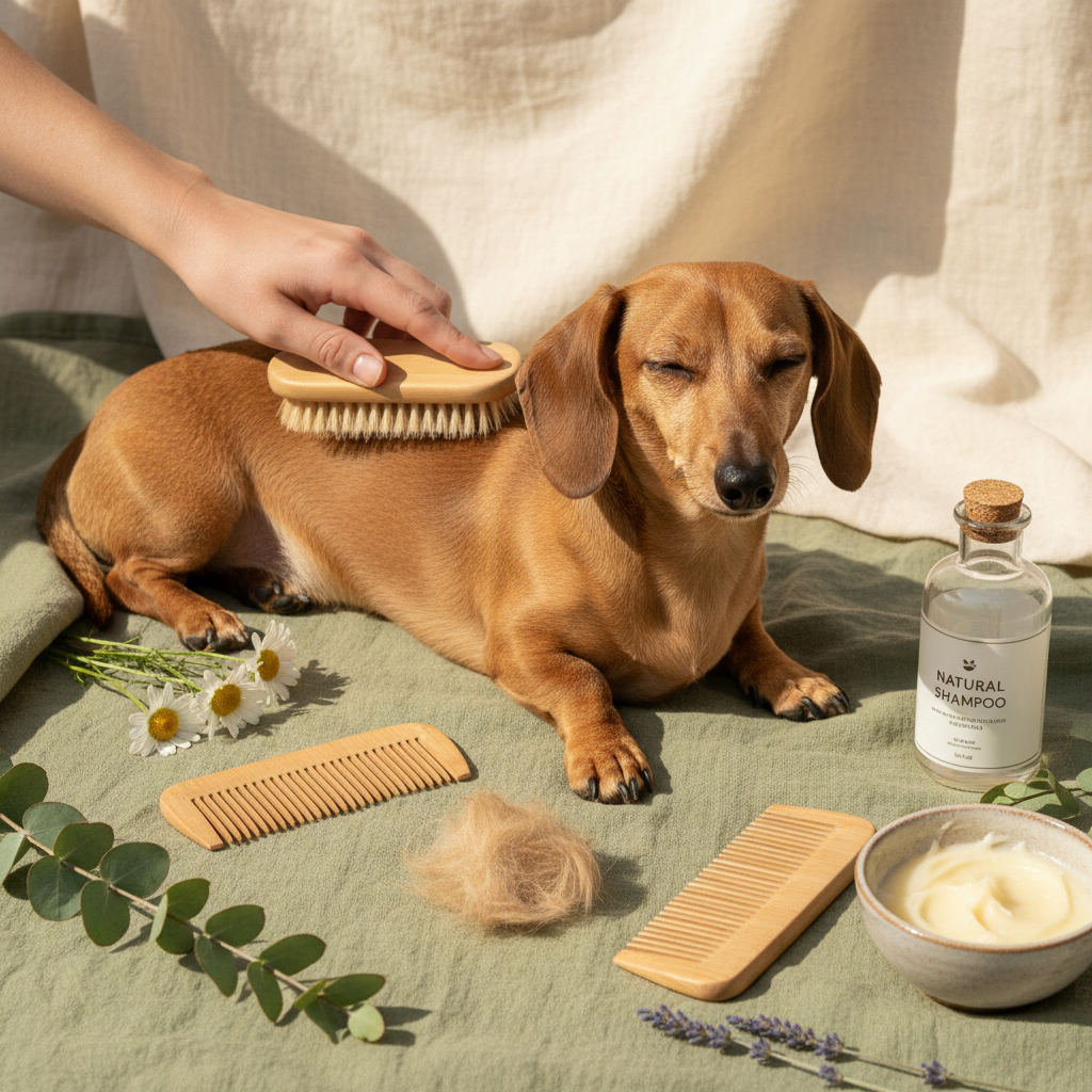 Tan dachshund being gently groomed with bamboo deshedding tool surrounded by botanical flowers and natural grooming accessories on sage green linen