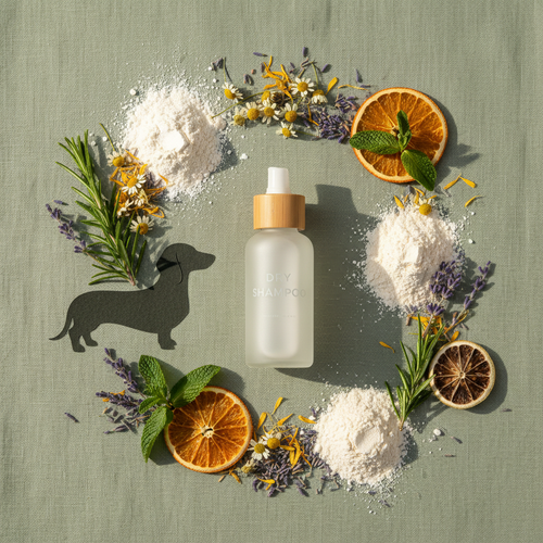 Flat lay of dry shampoo bottle with kaolin clay powder, arrowroot powder and dried botanical flowers on sage green linen