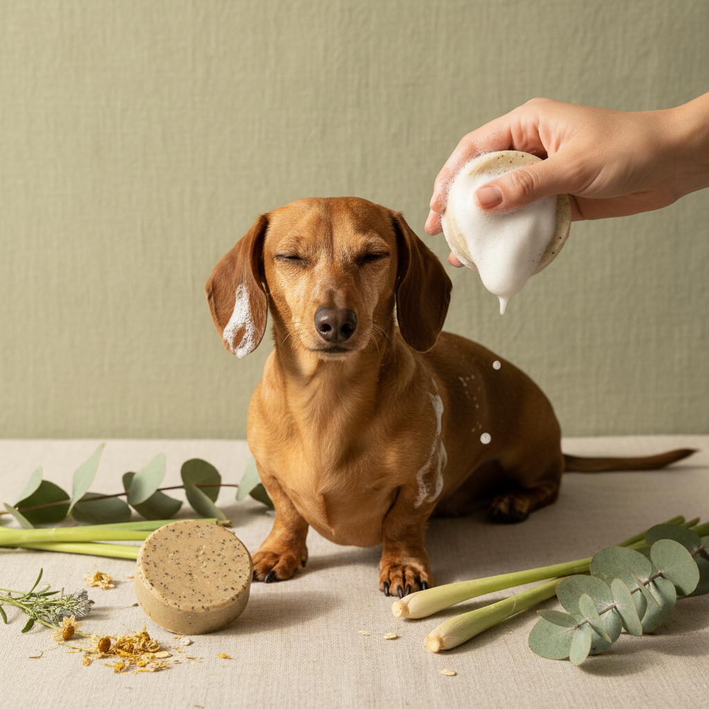 Tan dachshund being lathered with natural neem shampoo bar surrounded by lemongrass stalks and eucalyptus leaves on sage green linen