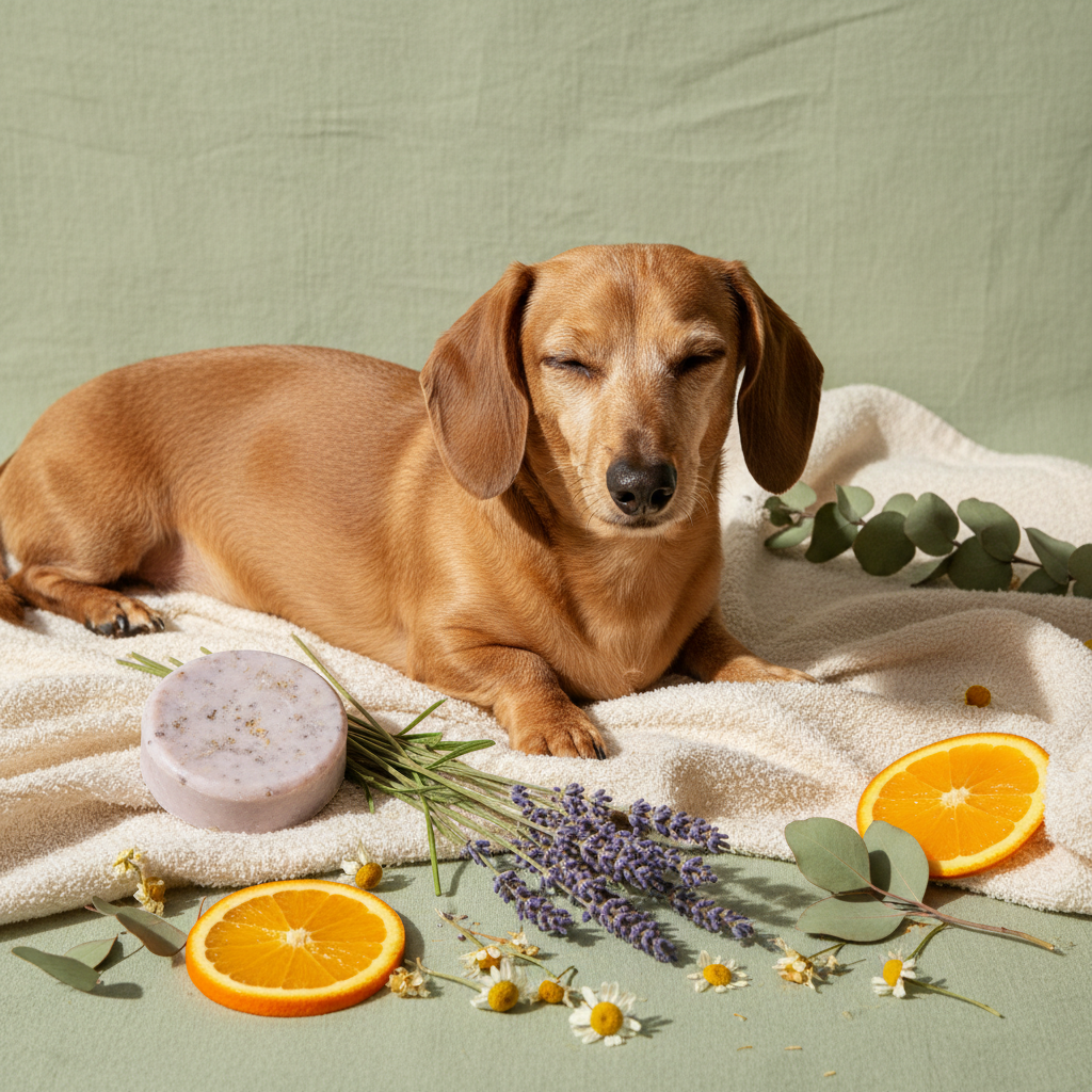 Tan dachshund looking calm after bath with lavender shampoo bar, lavender sprigs and sweet orange slices on sage green linen