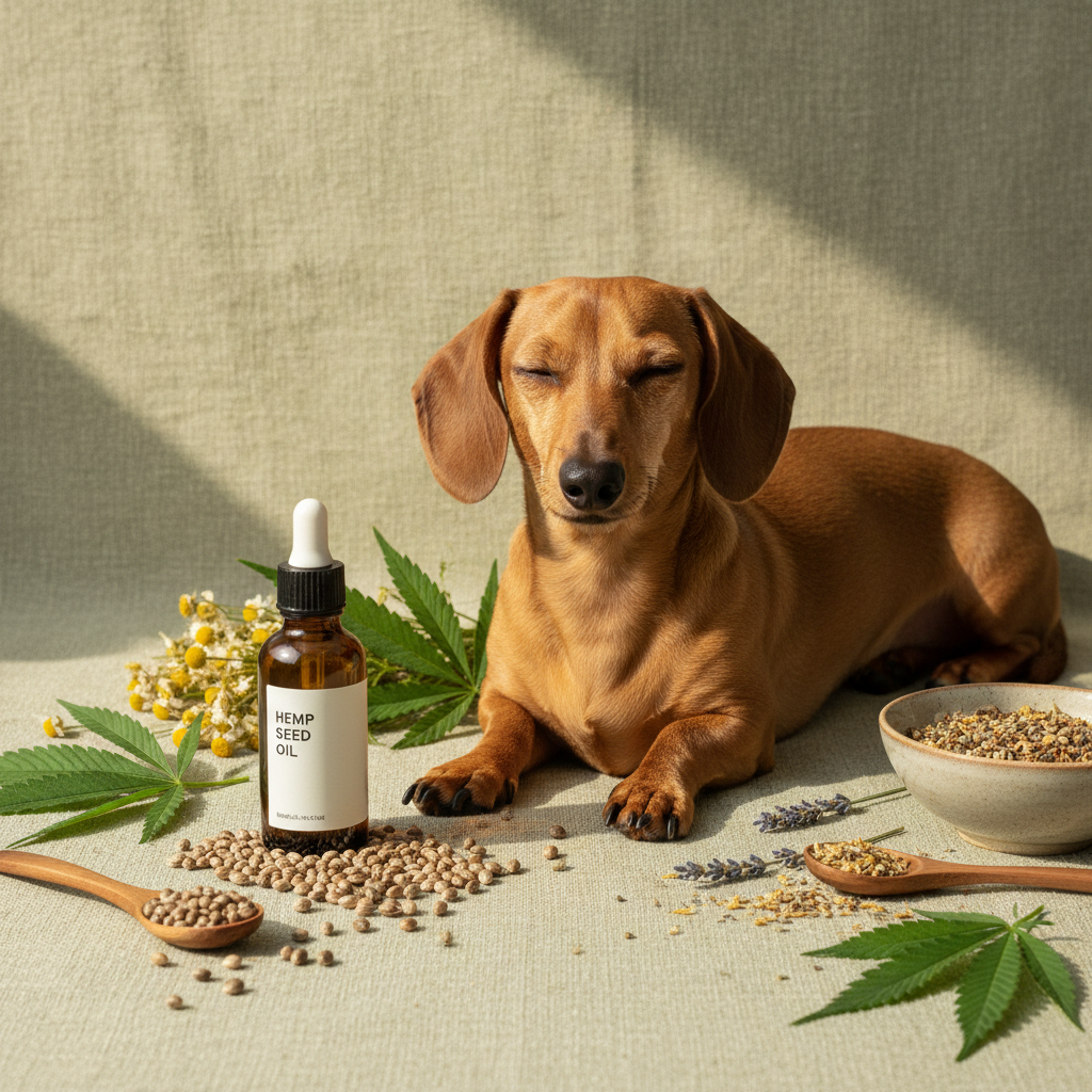 Tan dachshund with glossy healthy coat surrounded by hemp seed oil bottle, raw hemp seeds and green hemp leaves on sage green linen