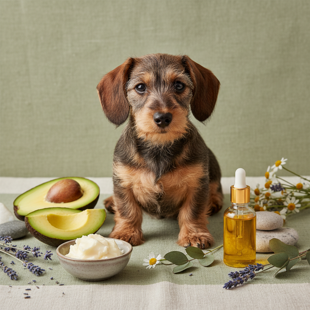 Wire-hair dachshund puppy with shea butter, avocado and jojoba botanicals on sage green linen