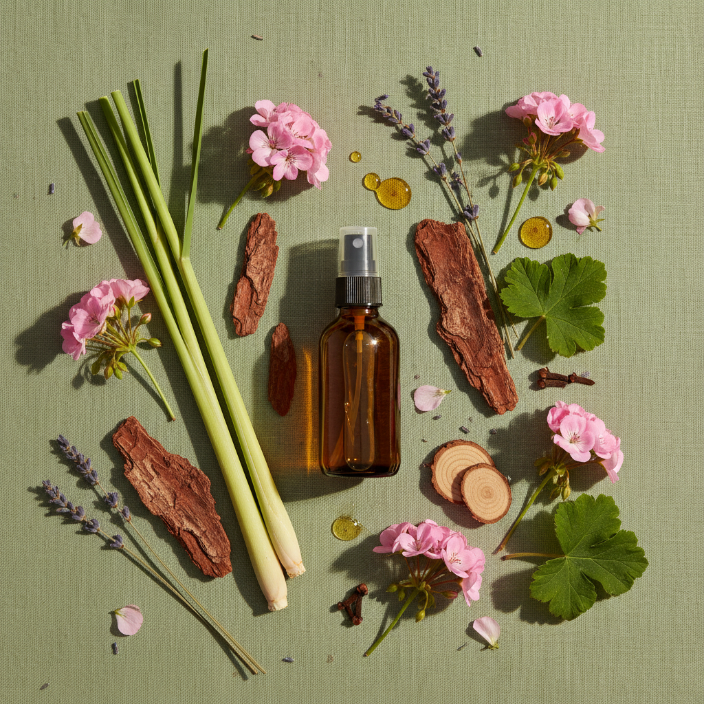 Flat lay of citronella spray bottle with lemongrass stalks, cedarwood bark and rose geranium flowers on sage green linen