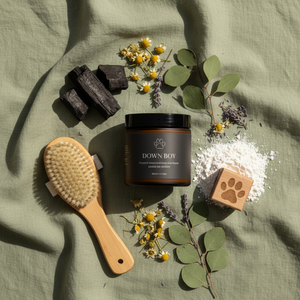 Flat lay of Down Boy scalp scrub jar with activated charcoal, kaolin clay and botanical ingredients on sage green linen