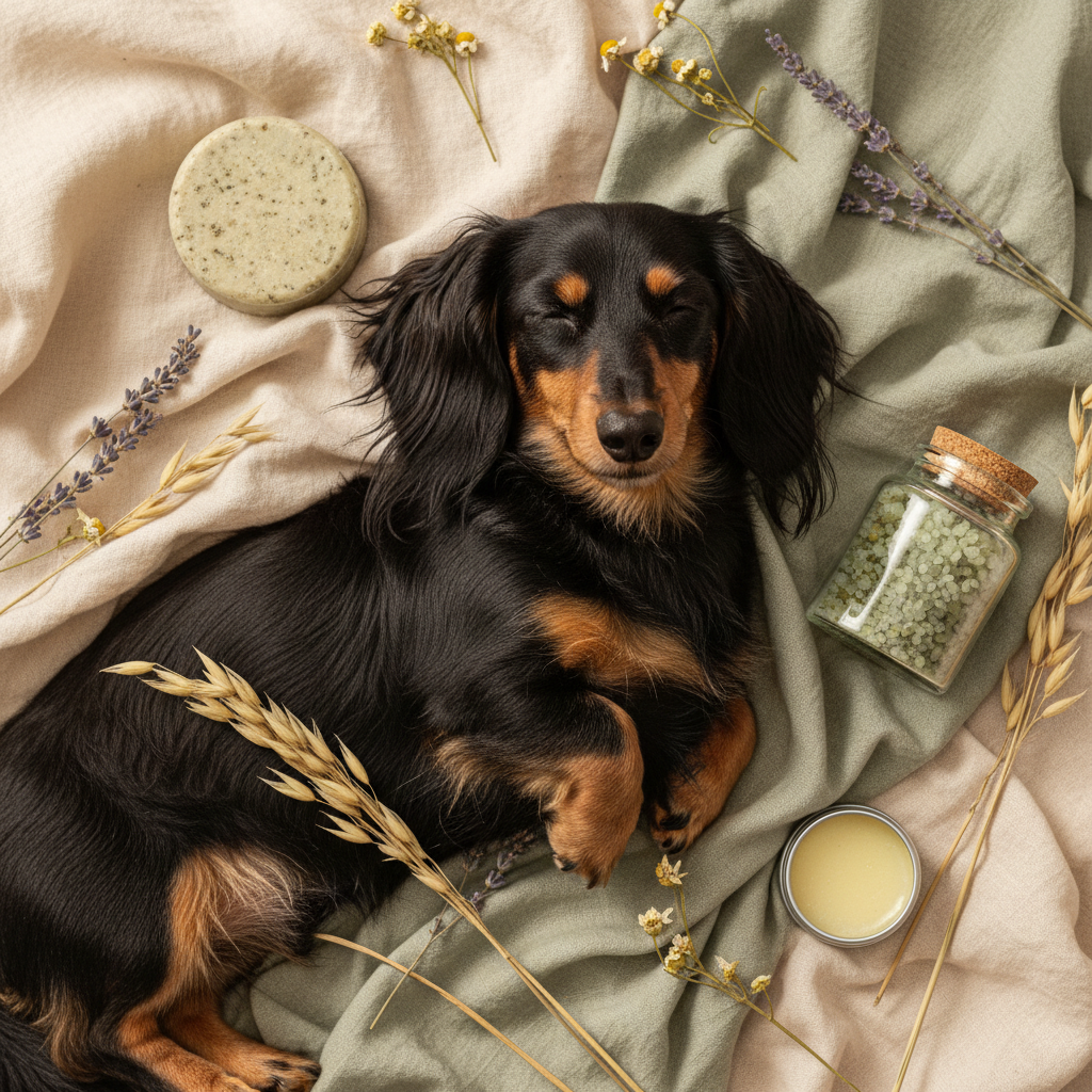 Black and tan dachshund with natural skincare bundle products and oat botanicals on cream linen