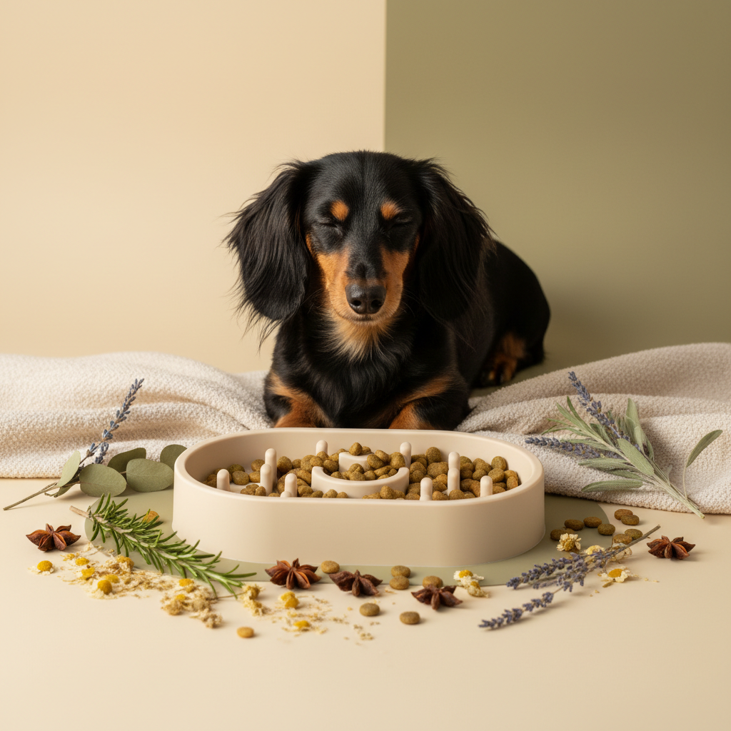 Black and tan dachshund with lick mat slow feeder and botanicals