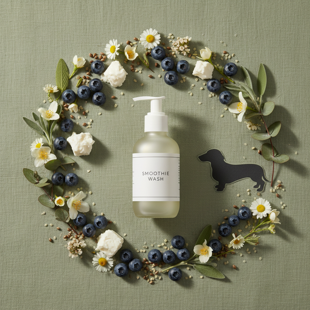 Flat lay of Baby Don't Cry smoothie wash with blueberries, goat's milk, hemp seeds and botanicals on sage green linen