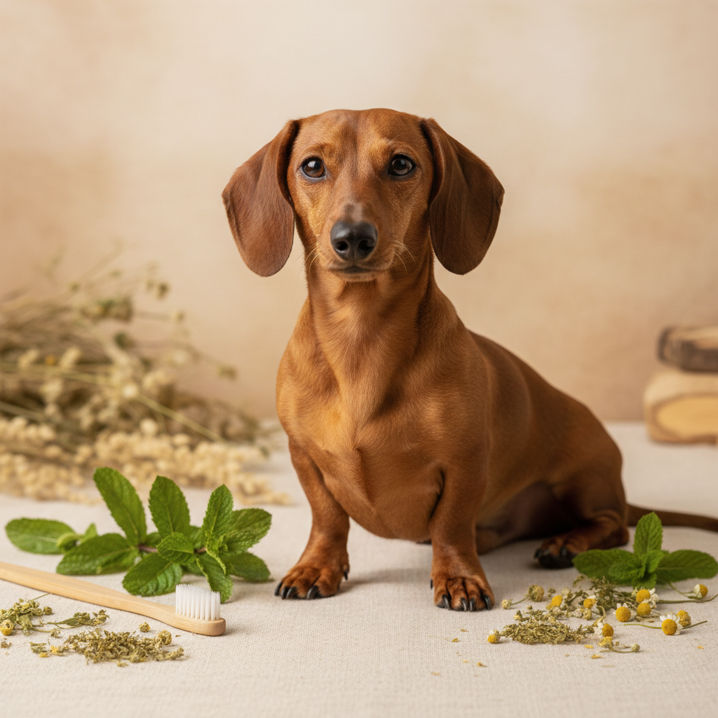 Red miniature dachshund with bamboo toothbrush and mint leaves on linen background