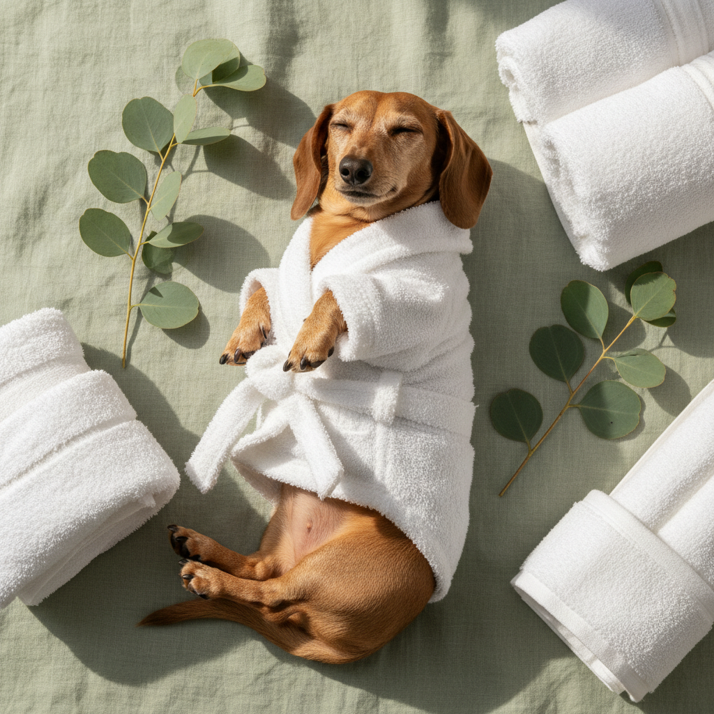 Tan dachshund wearing a soft white bathrobe on sage green linen background