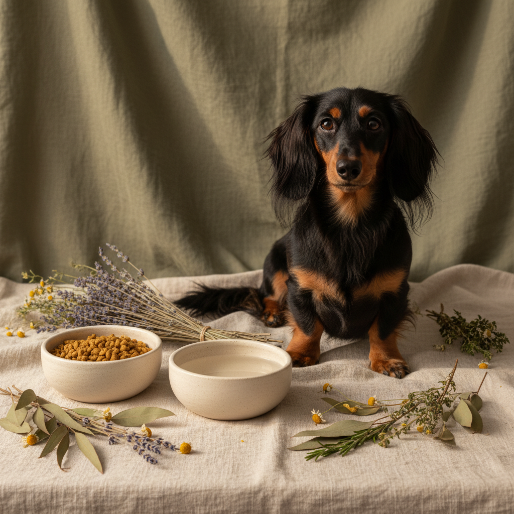 Black and tan dachshund with minimalist raw ceramic dog bowls and botanicals
