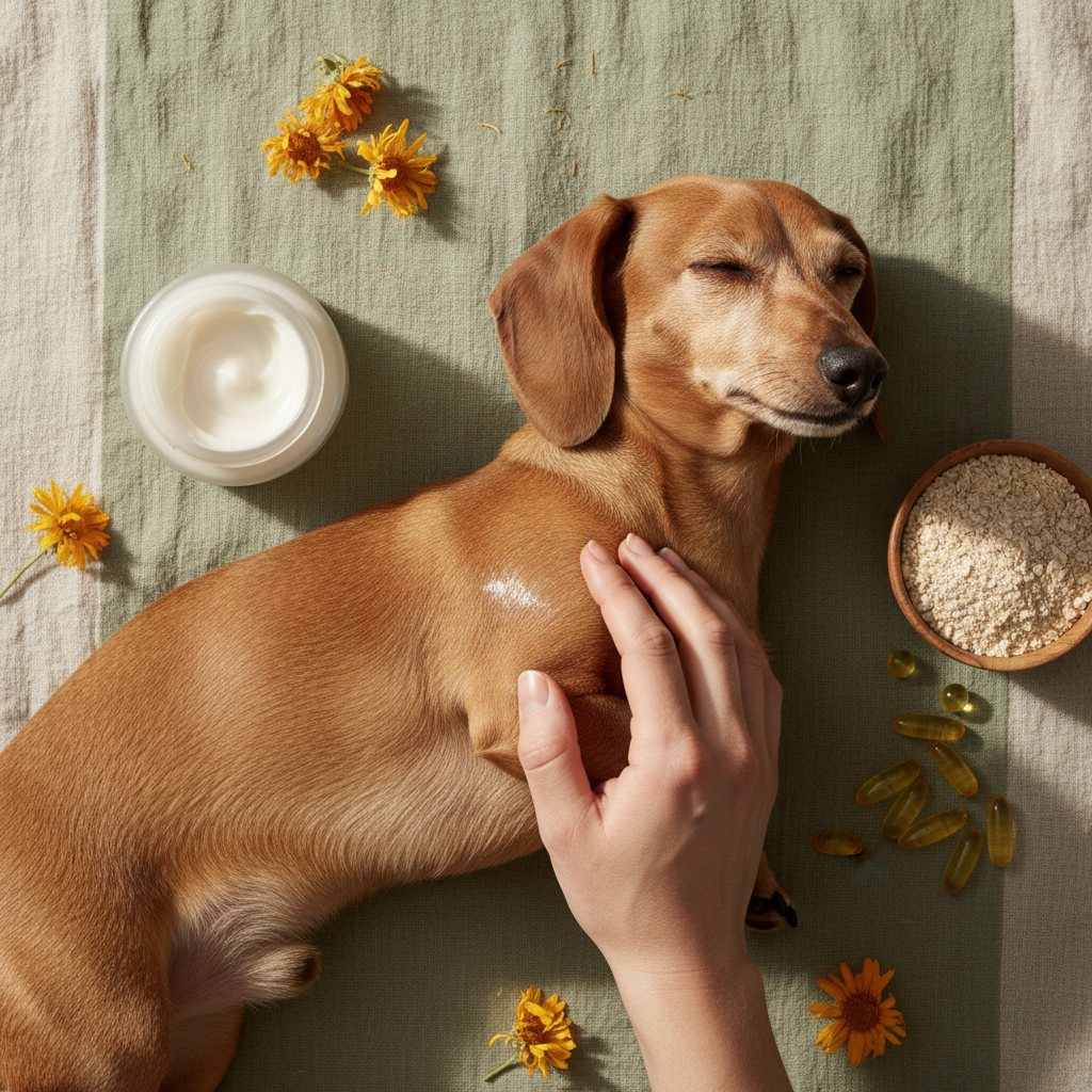 Tan dachshund being gently massaged with dermal cream surrounded by colloidal oatmeal, calendula flowers and vitamin E on sage green linen