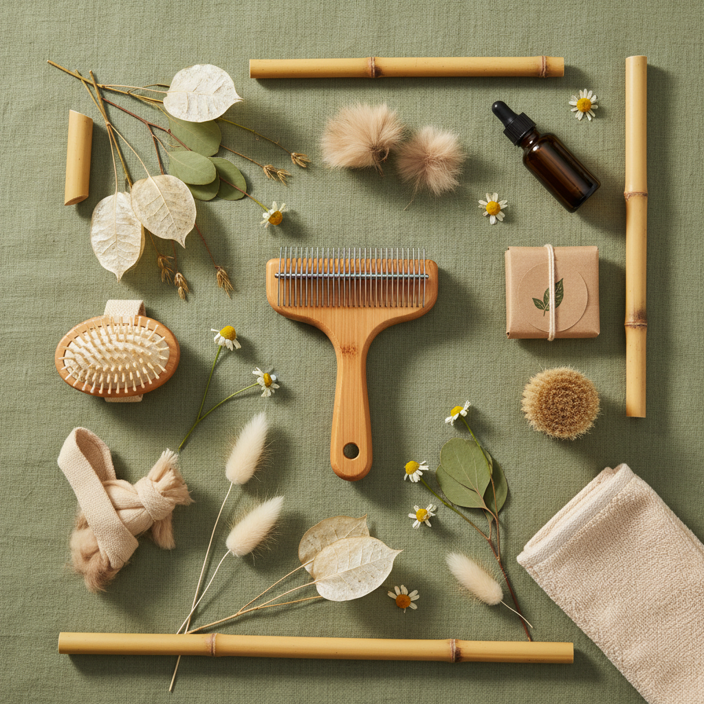 Flat lay of bamboo deshedding tool with dried botanical flowers, bamboo stalks and eco-friendly grooming accessories on sage green linen