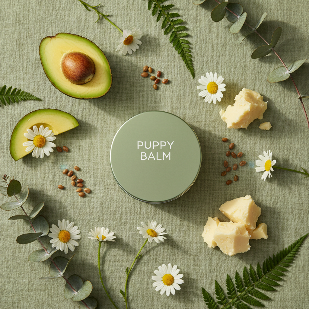 Flat lay of puppy balm tin with avocado slices, jojoba seeds, shea butter and white flowers on sage green linen