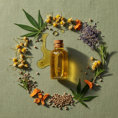 Flat lay of hemp seed oil bottle with raw hemp seeds, green hemp leaves and golden oil droplets on sage green linen