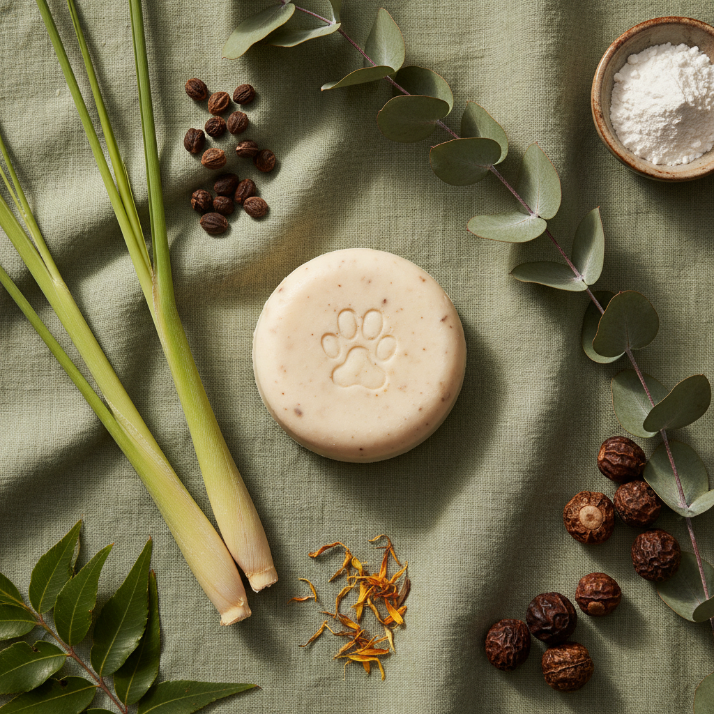 Flat lay of neem seed shampoo bar with lemongrass stalks, eucalyptus leaves and botanical ingredients on sage green linen