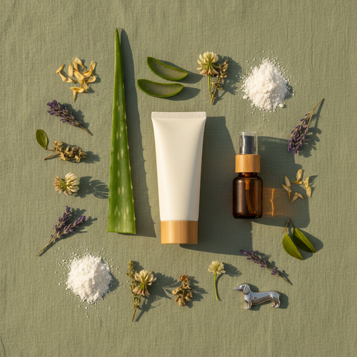 Flat lay of dog sunscreen with aloe vera slices, zinc powder and white botanical flowers on sage green linen