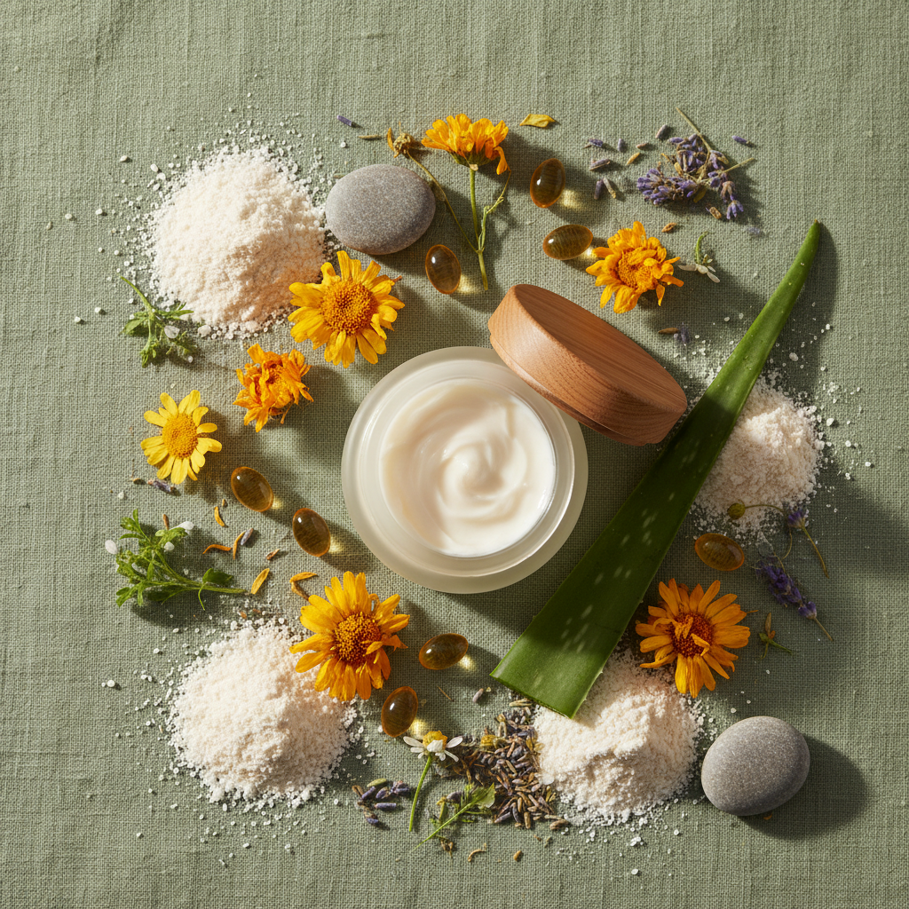 Flat lay of soothing dermal cream jar with colloidal oatmeal, calendula flowers, vitamin E capsules and aloe vera on sage green linen