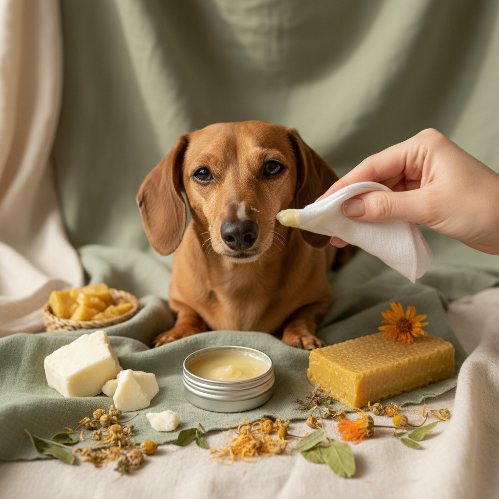 Tan dachshund having nose gently dabbed with balm surrounded by shea butter, beeswax and calendula flowers on sage green linen