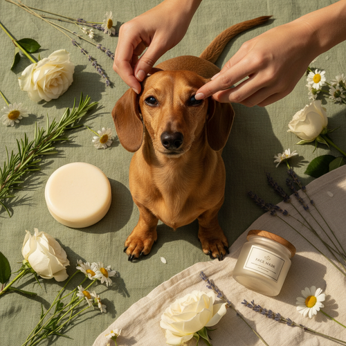 Tan dachshund with bright clean face being groomed around eyes with shampoo bar and face mask on sage green linen