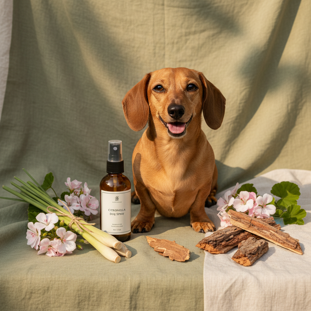 Tan dachshund outdoors looking protected with citronella spray bottle, lemongrass stalks and rose geranium flowers on sage green linen