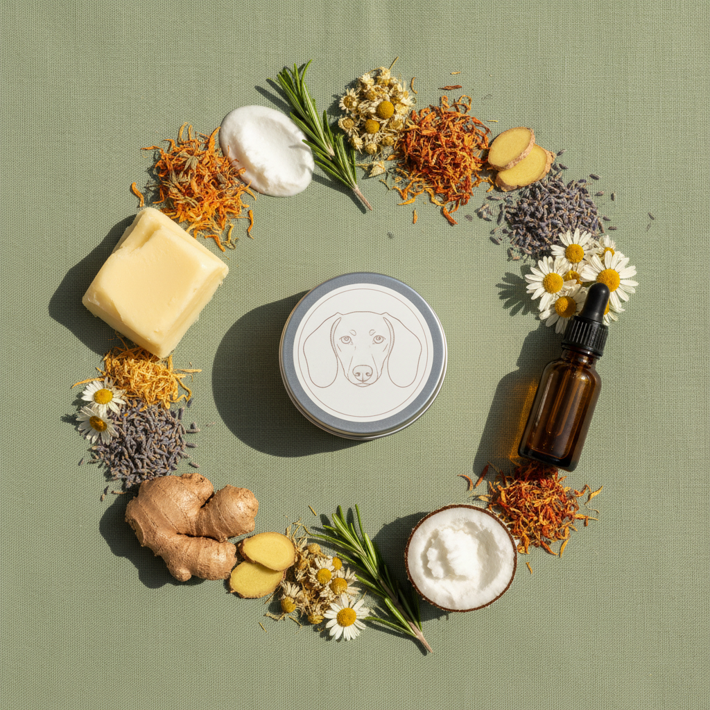 Flat lay of organic snout soother tin with shea butter, rosehip oil, calendula petals and botanical ingredients on sage green linen