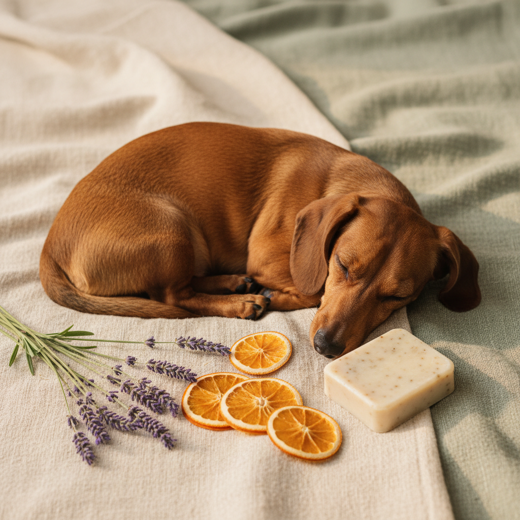 Red dachshund with lavender sprigs and sweet orange slices on sage green linen