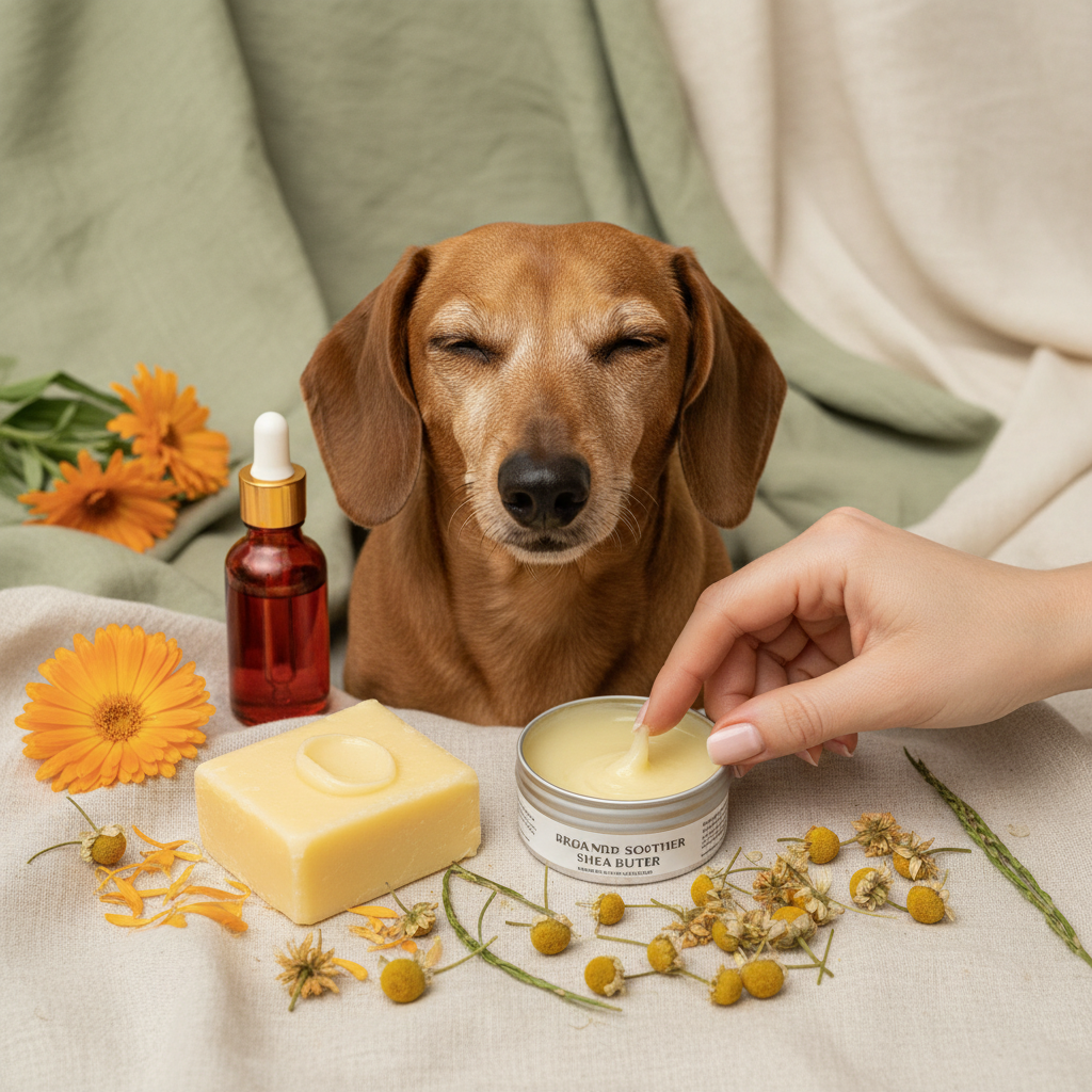 Tan dachshund with healthy nose being dabbed with organic soother surrounded by shea butter, calendula petals and rosehip oil on sage green linen