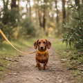 Dachshund wearing matching Orange Burst organic hemp collar and lead bundle