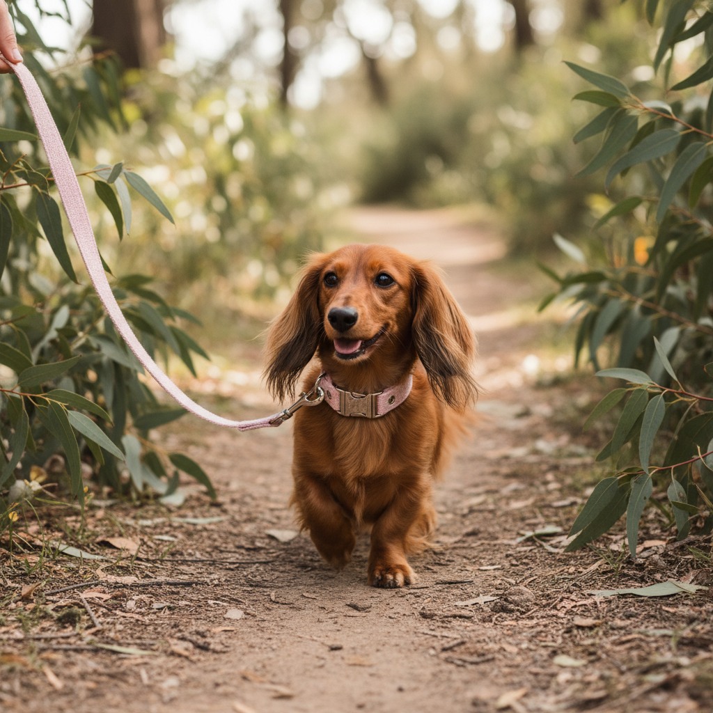 Dachshund wearing matching Pretty in Pink organic hemp collar and lead bundle