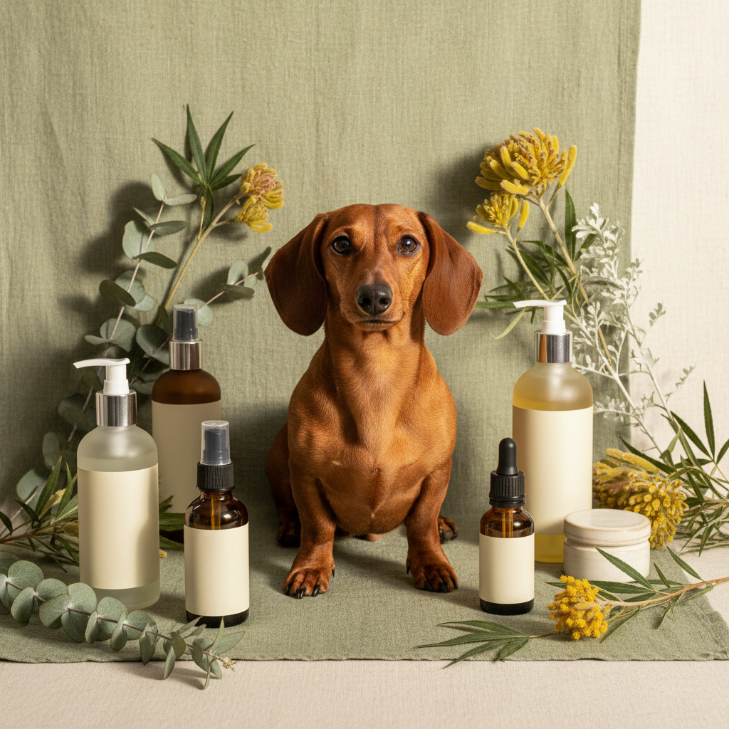 Red dachshund with six natural dog care products flat lay and eucalyptus botanicals on sage green linen