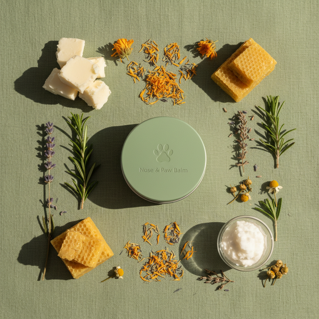 Flat lay of nose and paw balm tin with shea butter, beeswax, calendula flowers and botanical ingredients on sage green linen
