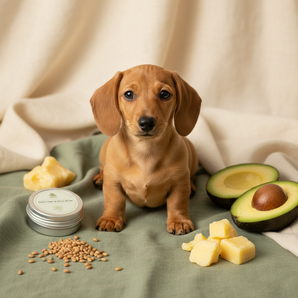 Tan dachshund puppy looking soft and healthy with balm tin, avocado, jojoba seeds and shea butter on sage green linen