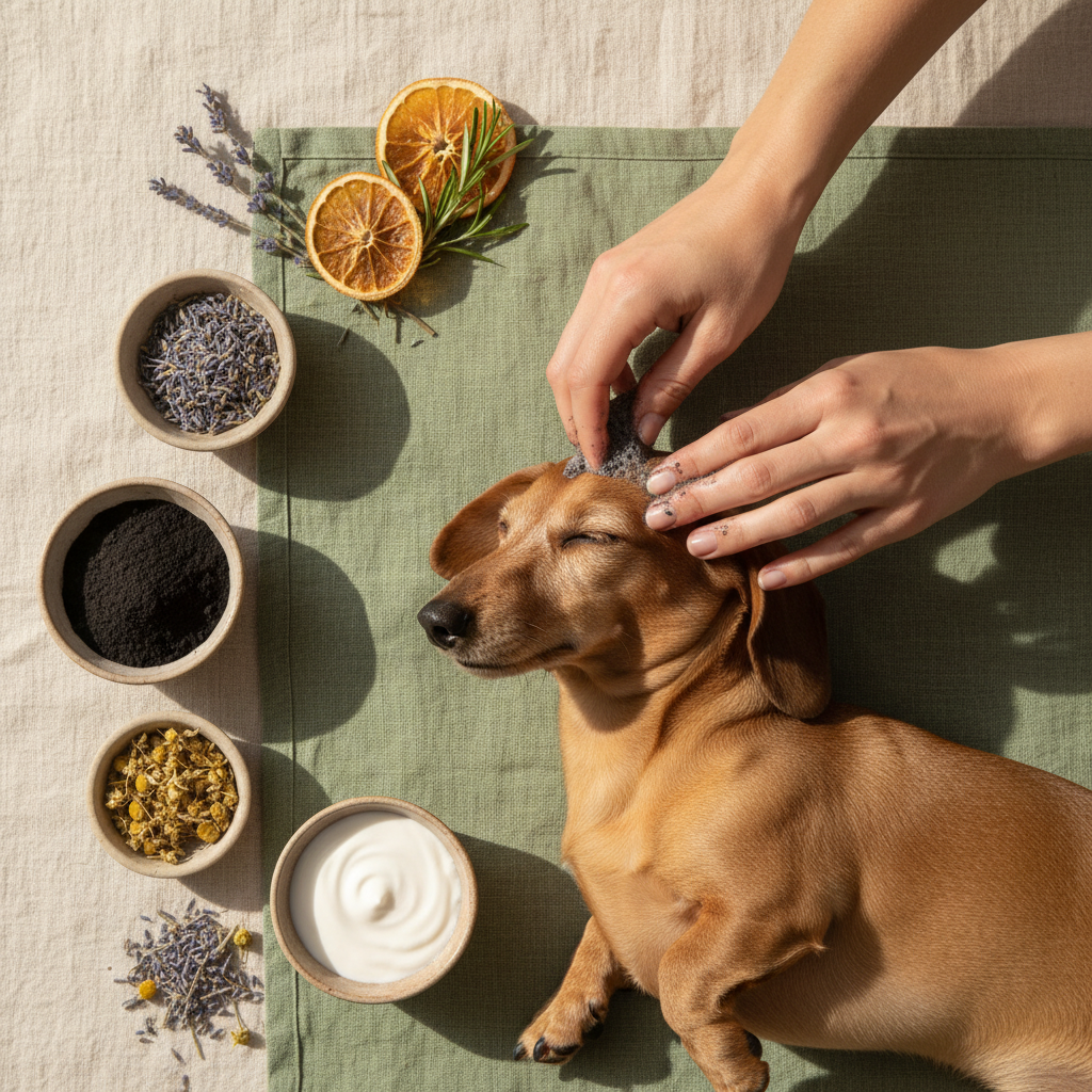 Tan dachshund getting a relaxing scalp scrub with activated charcoal and kaolin clay on sage green linen
