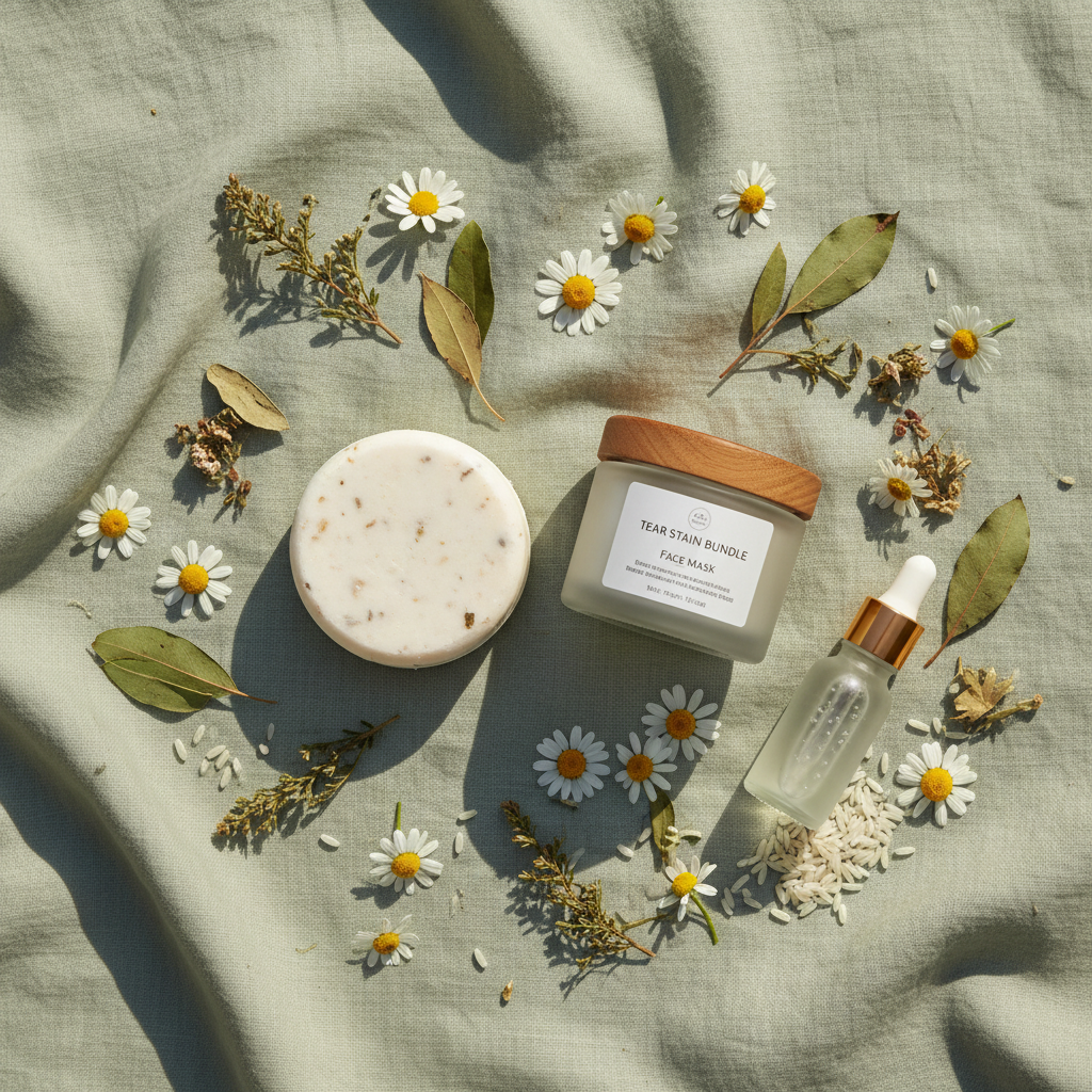 Flat lay of tear stain bundle with shampoo bar, face mask jar, chamomile and brightening botanicals on sage green linen