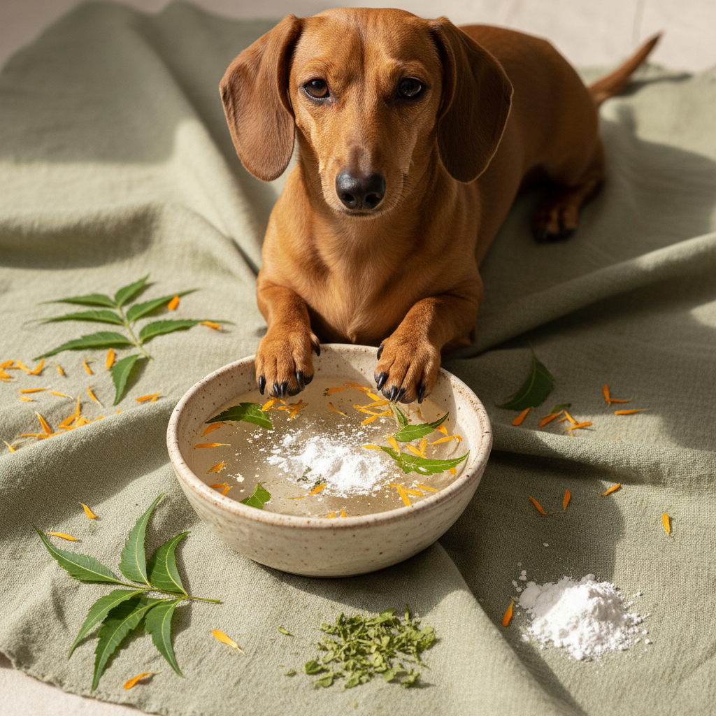 Tan dachshund paws resting in botanical soak water with calendula petals and neem leaves on sage green linen