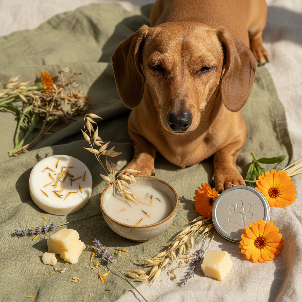 Tan dachshund with healthy skin surrounded by shampoo bar, botanical soak and balm tin with calendula flowers on sage green linen