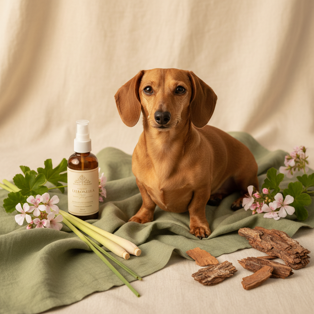 Tan dachshund outdoors with citronella spray bottle, lemongrass stalks, cedarwood and rose geranium on sage green linen