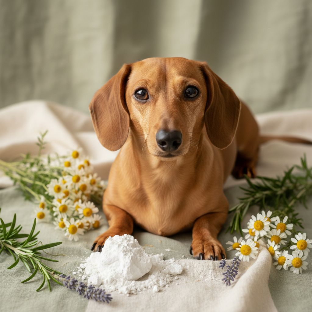 Tan dachshund with bright clear eyes surrounded by brightening botanical ingredients on sage green linen