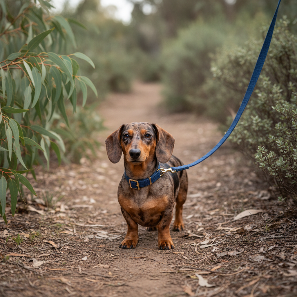 Dachshund wearing matching Ink Blue organic hemp collar and lead bundle