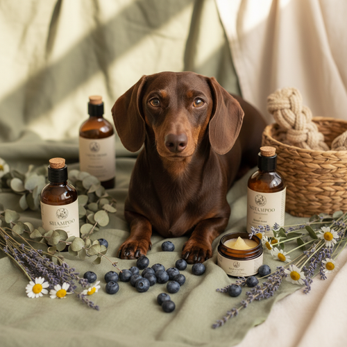 Chocolate dachshund with blueberries and natural botanicals on cream linen