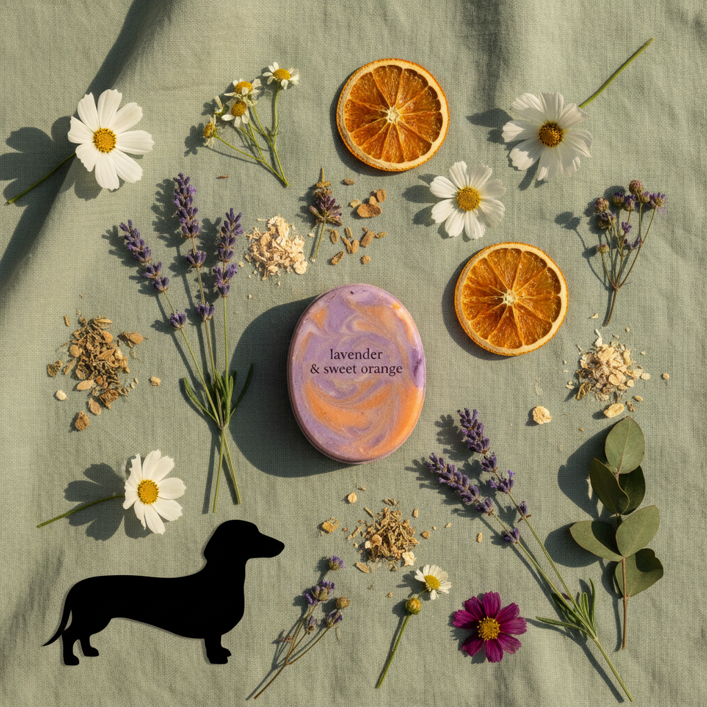 Flat lay of lavender and sweet orange shampoo bar with lavender sprigs, orange slices and botanicals on sage green linen