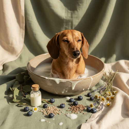 Tan dachshund being gently washed with smoothie wash surrounded by blueberries, goat's milk and hemp seeds on sage green linen