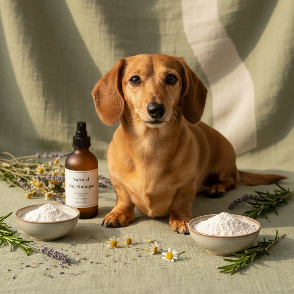 Fresh tan dachshund after dry shampoo treatment surrounded by kaolin clay, arrowroot powder and botanical ingredients on sage green linen